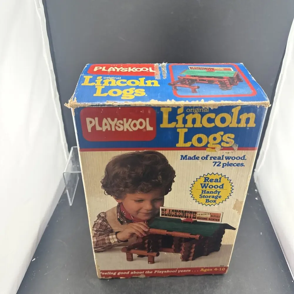 Vintage Playskool Original Lincoln Logs Wood Building Set w/ Box - 61 Pieces